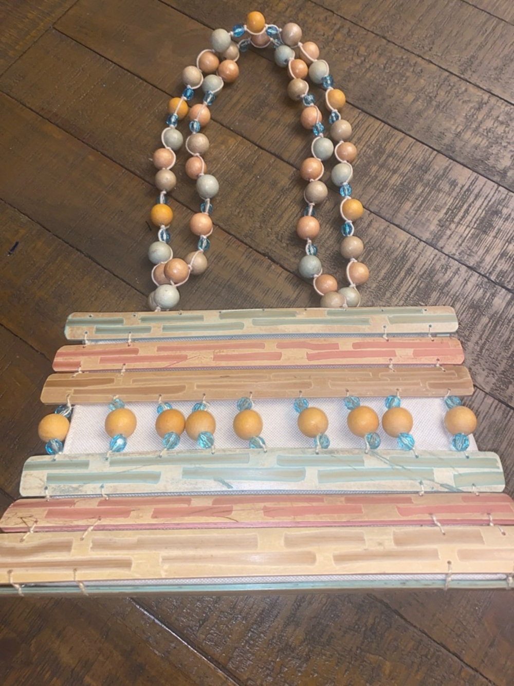 Wood dyed Bead Handle Striped Pastel Handbag - hand painted bamboo strips